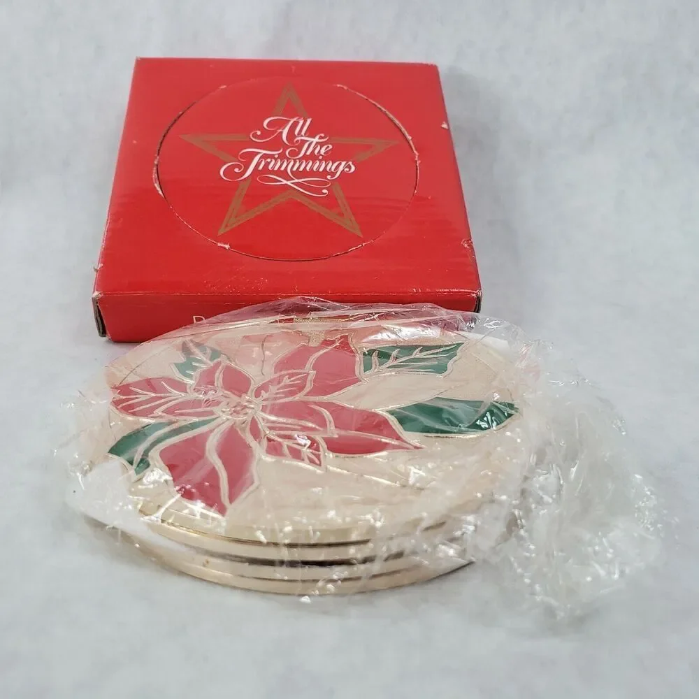 Macy's ALL THE TRIMMINGS Christmas Poinsettia Coasters New In Box